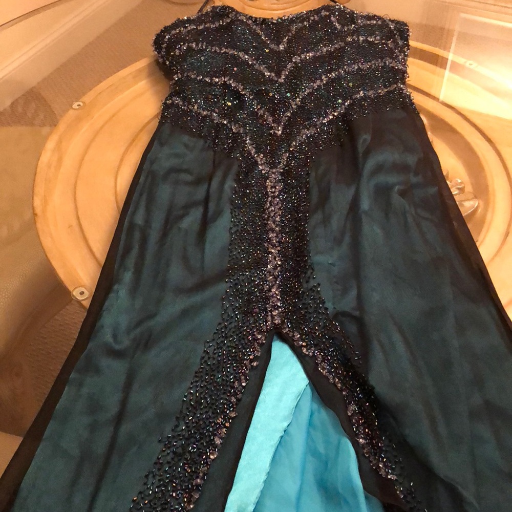 Prom Blue beaded gown with black sheer overlay
